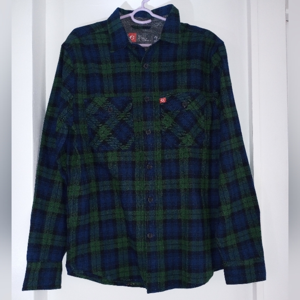 Stylish Plaid Button-Down Shirt in Green Blue Cotton Blend Men's Size Medium